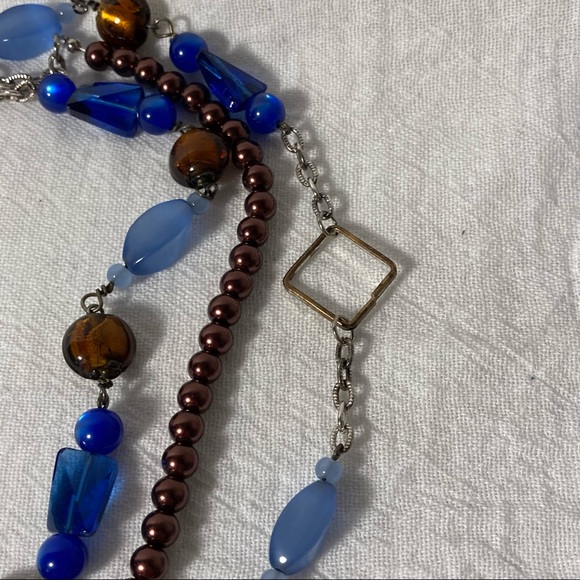 Layered Necklace with Blue and Brown Beaded Chains of Mixed Media OS EUC - Picture 3 of 6